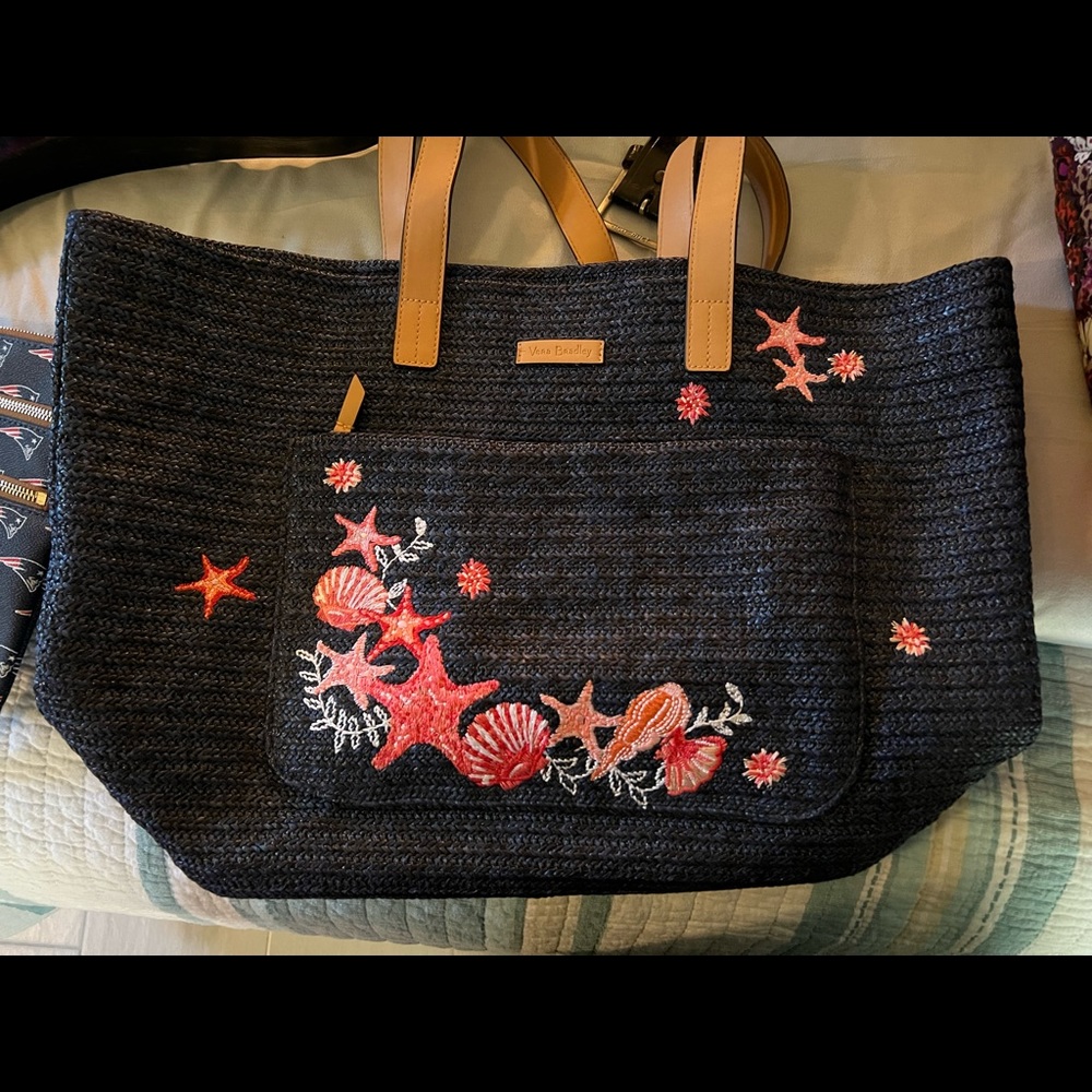 Vera Bradley Front Pocket Straw Blue Tote Sea Life